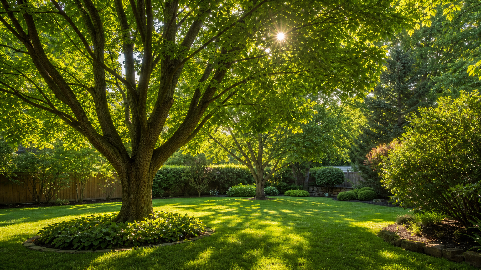 Beautiful, healthy backyard trees after professional arborist consultation service, branches trimmed and green foliage glowing in natural light