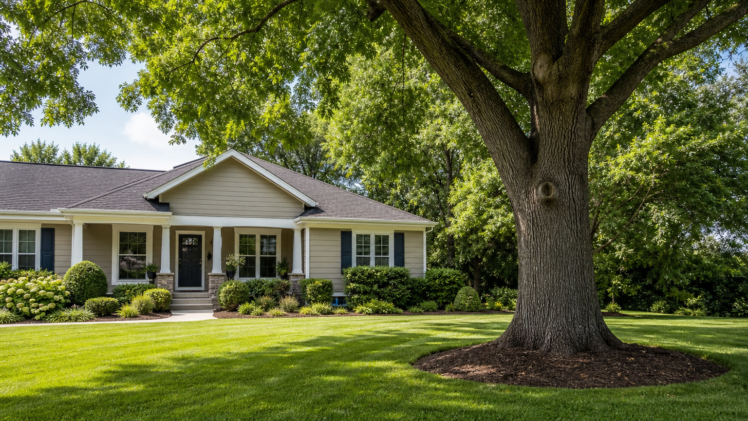 Restored yard with healthy tree and clean lawn after emergency tree service