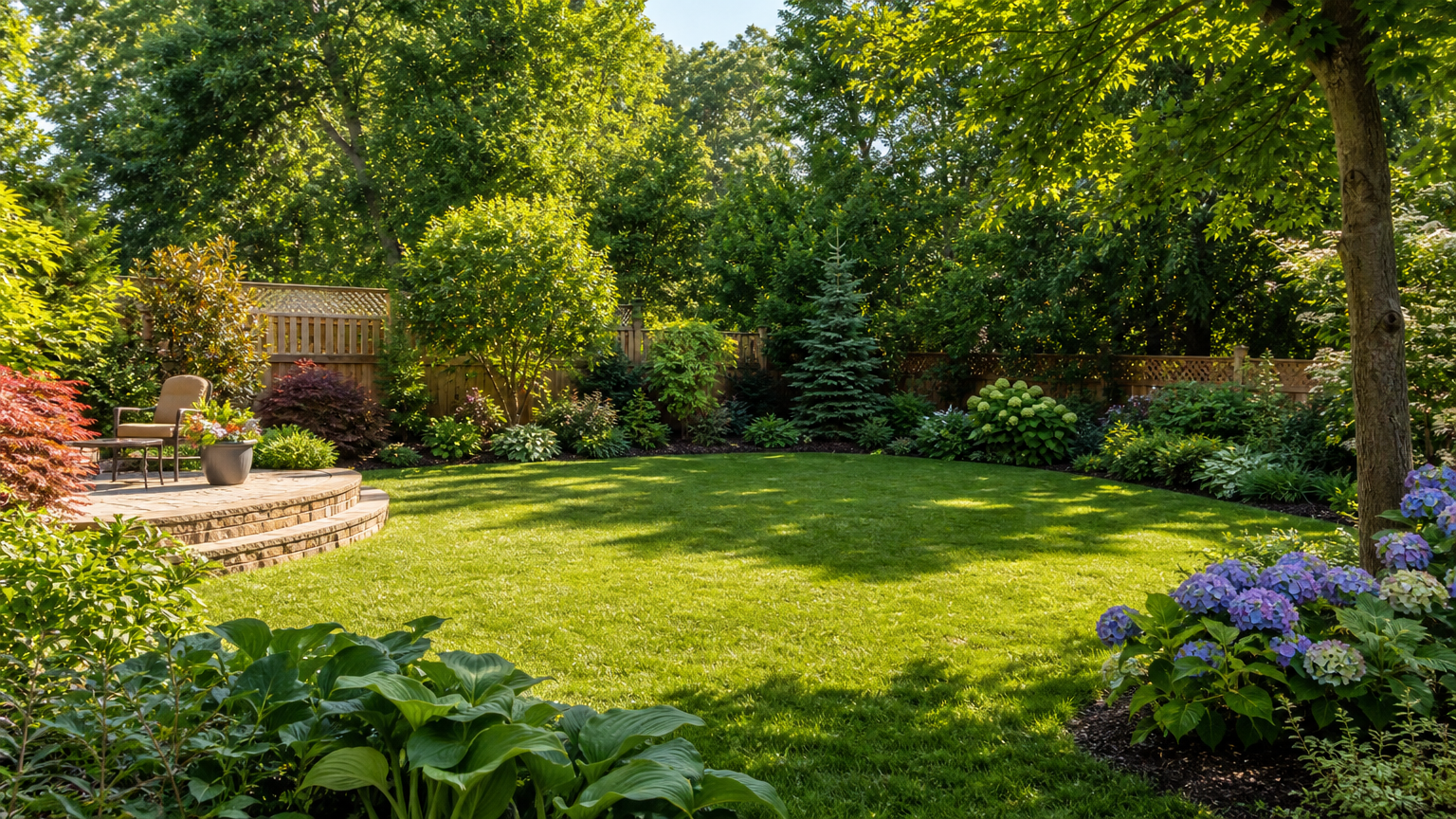 Clean backyard showing area where a hazardous tree was safely removed by a professional tree service, with tidy lawn and surrounding plants