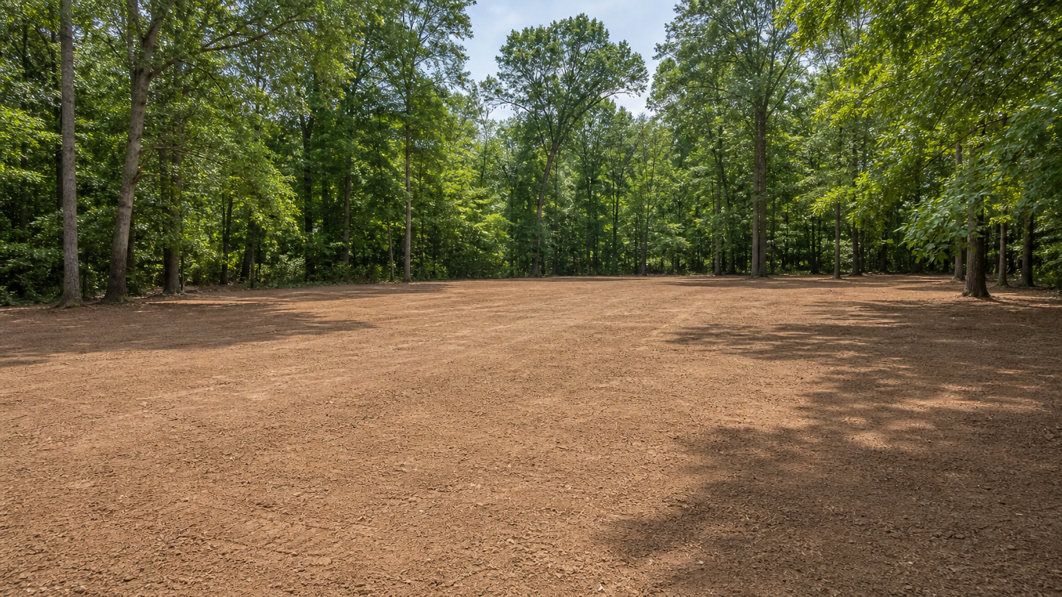 Freshly cleared open land with smooth soil, mature trees at the border, no debris, for professional tree service land clearing