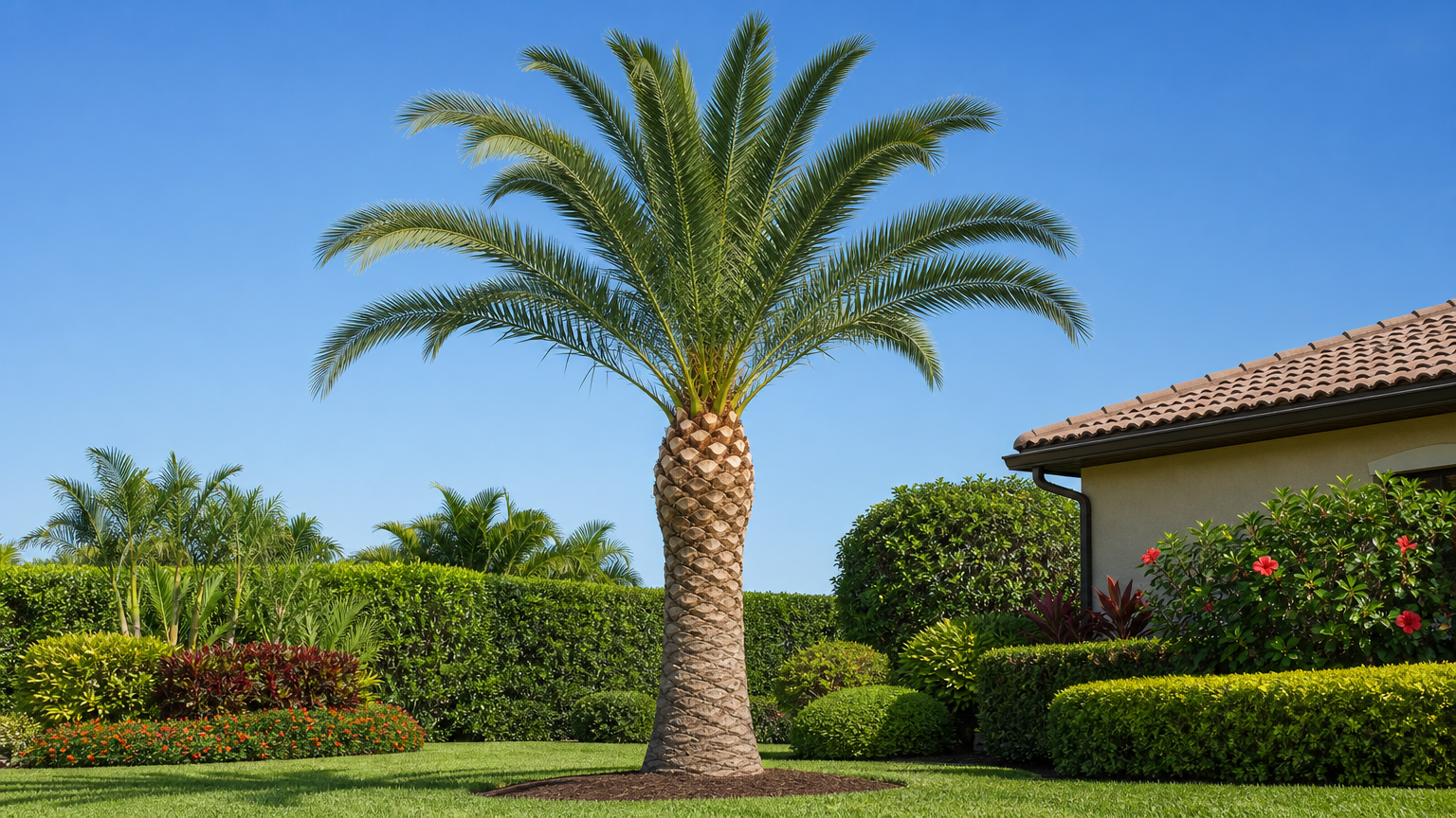 Beautifully maintained palm tree in a clean yard after professional palm tree trimming service