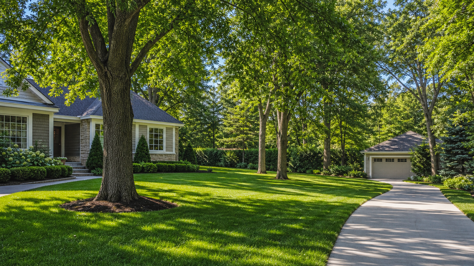 Restored yard with tall healthy trees and clean lawn after professional storm damage cleanup