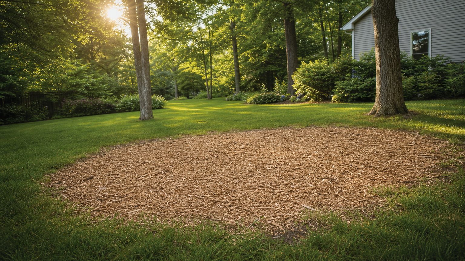 Cleared yard with smooth ground and wood chips after stump grinding in a residential area