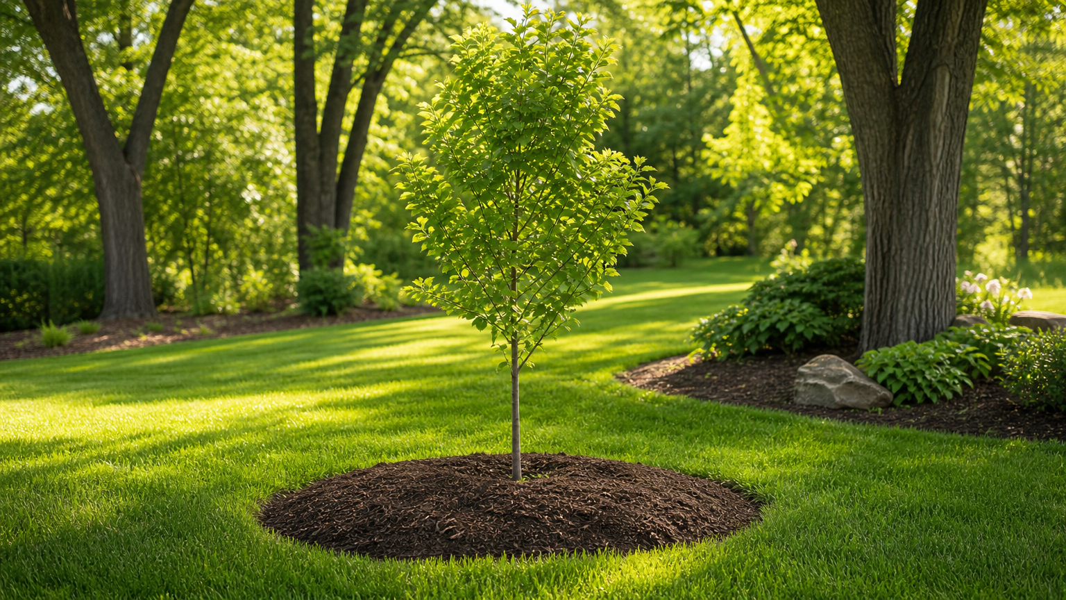 newly planted tree with mulch in healthy green lawn under dappled sunlight, representing professional tree planting service