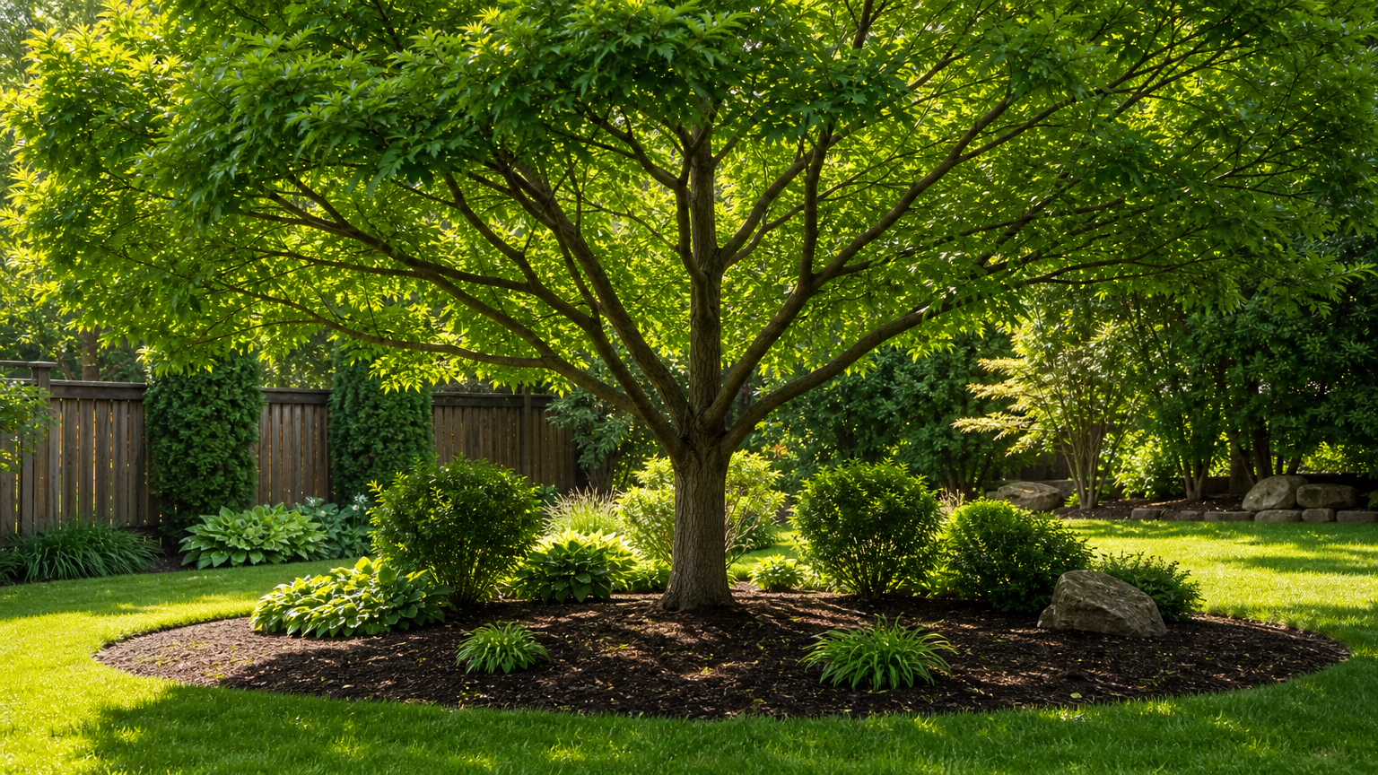 Beautifully pruned tree with balanced branches in a tidy backyard, showcasing expert tree service results