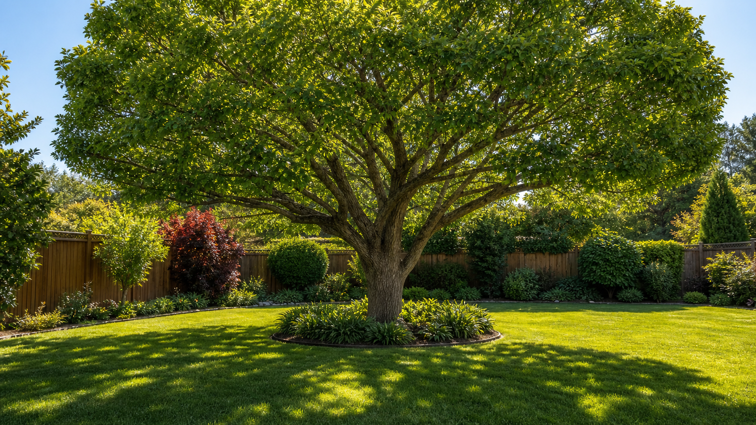 Freshly trimmed tree in a well-maintained backyard with lush grass and sunlight, showcasing finished tree trimming service